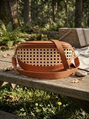 Universal Thread Brown Vegan Leather & Woven Cane Crescent Sling Bag - EUC